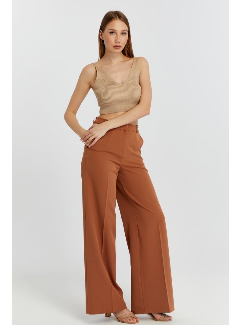 Bolivente Taba Rengi Palazzo Geniş Paça Dokuma Kumaş Pantolon
