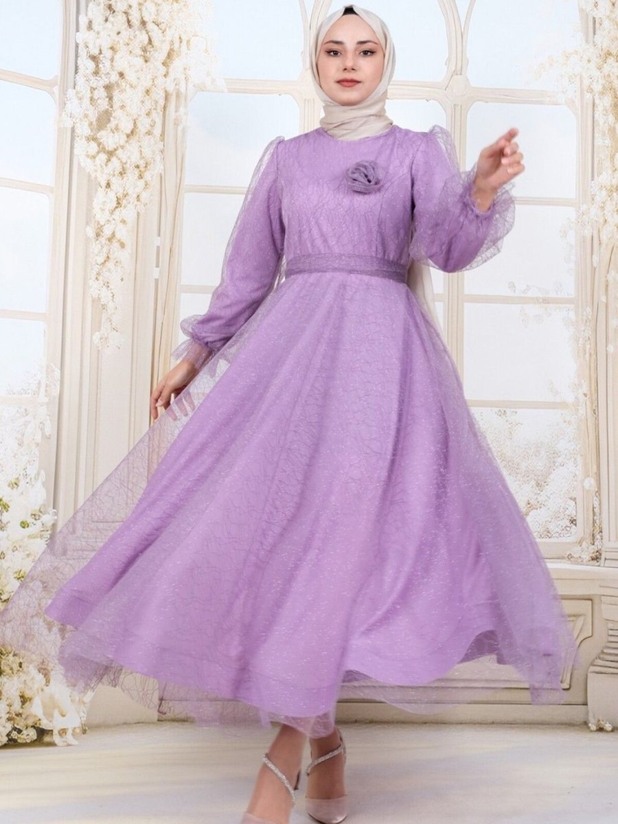 HİJABAYA Lila Kolu Lastikli Kuşaklı Simli Kabarık Tül Abiye Elbise