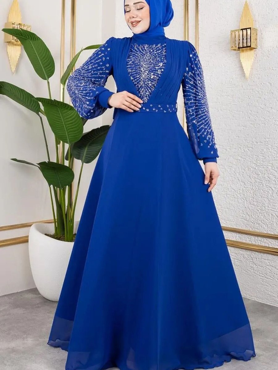 Mec Fashion Saks Mavisi Taş İşlemeli Şifon Abiye Elbise