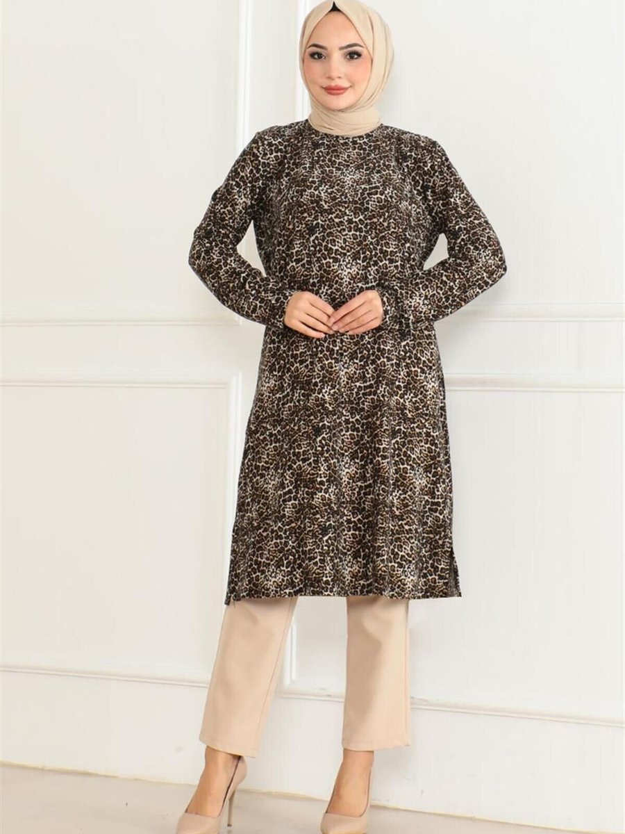 Mec Fashion Kahverengi Desenli Örme Süet Tunik