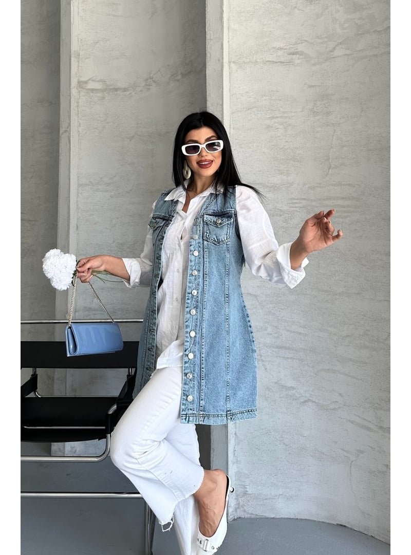 Destemoda Tunik Uzun Düğmeli İki Cepli Kot Yelek Buz Mavi