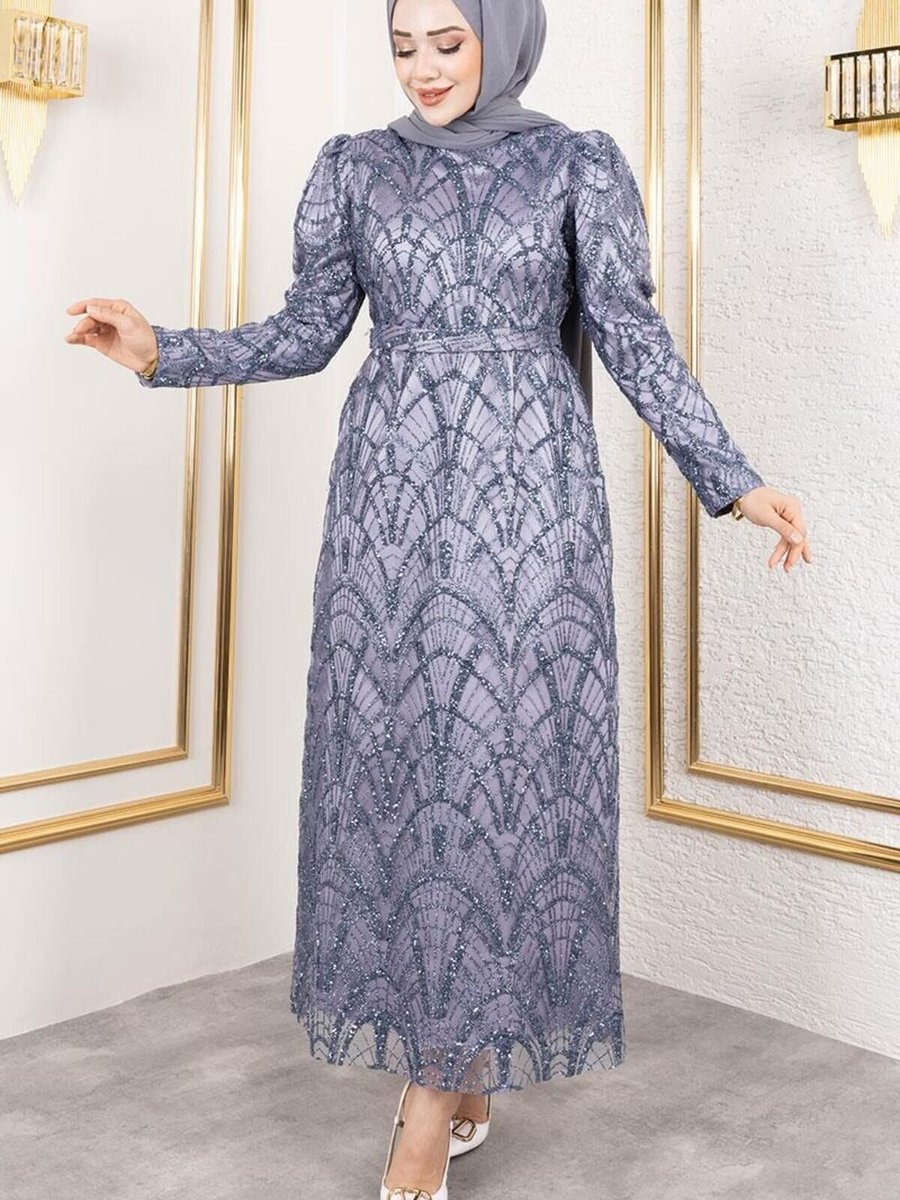 Mec Fashion Gri Afilli Simli Kalem Abiye Elbise