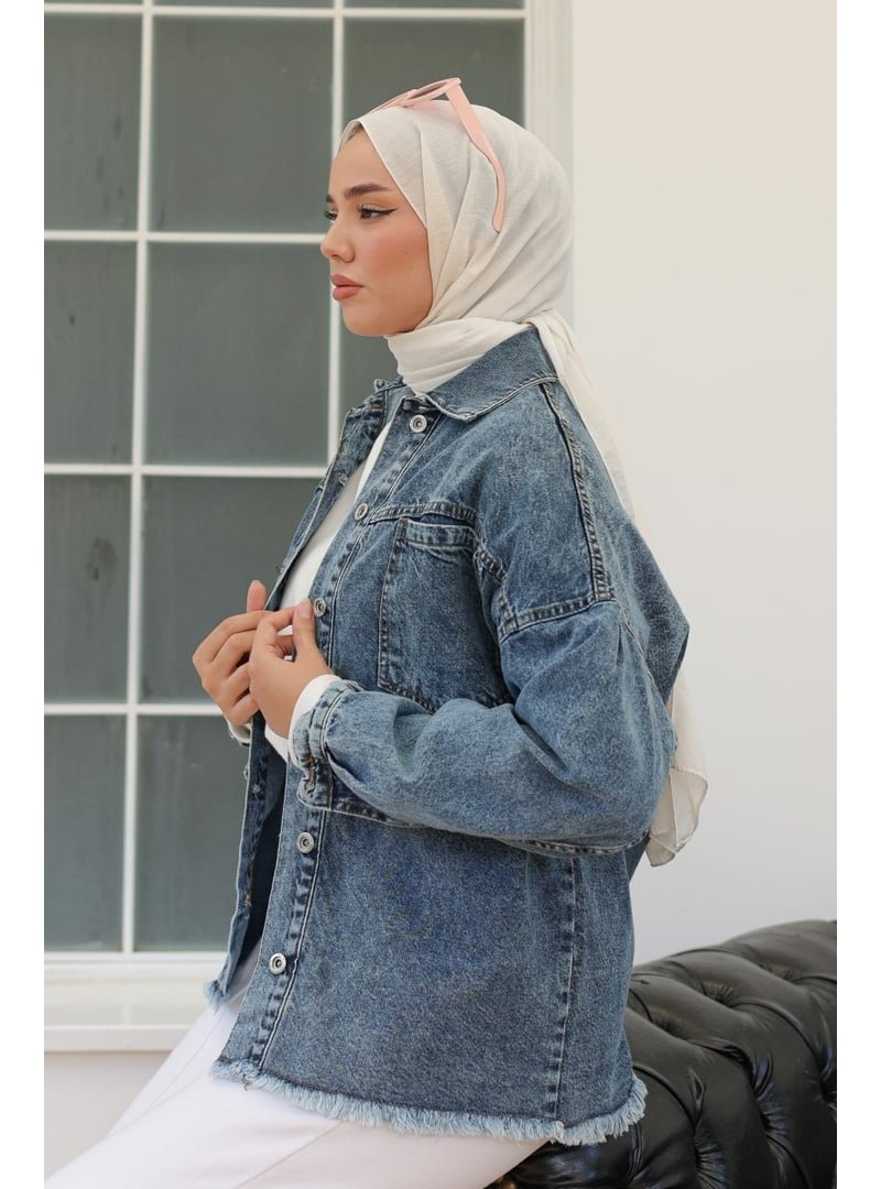 Tofisa Koyu Mavi Oversize Püskül Detay Yaka Cep Kot Ceket
