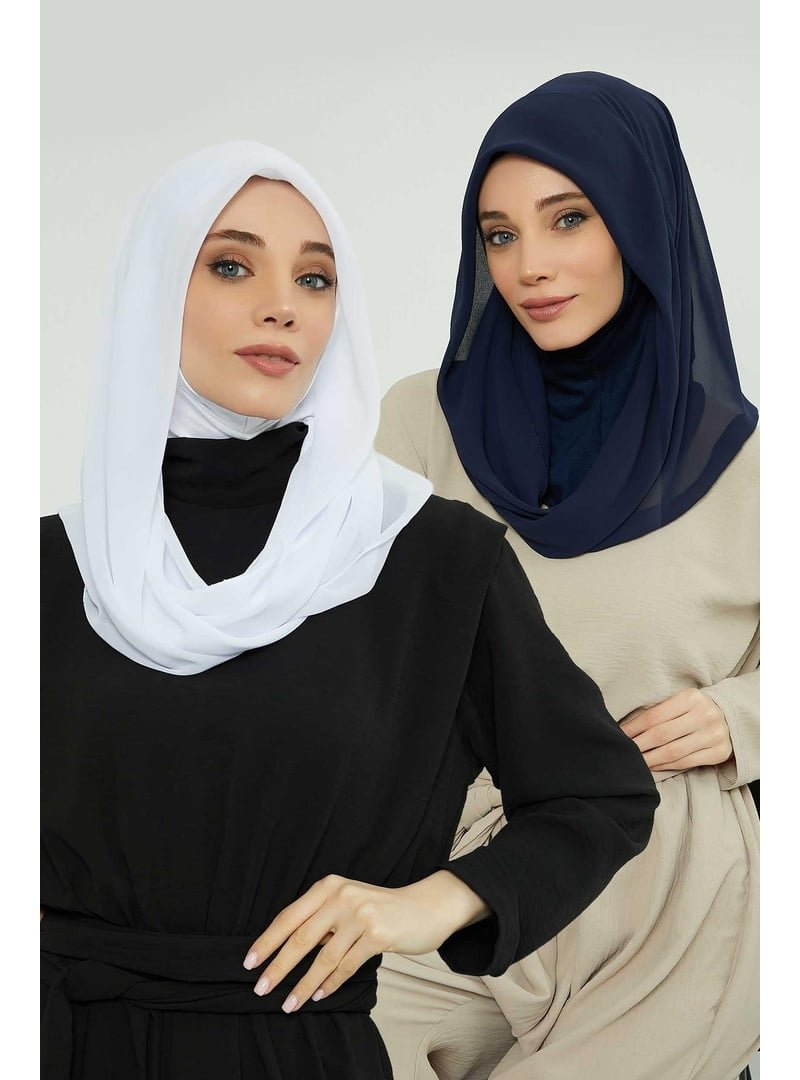 Aisha`s Design Lacivert 2'li Set Penye İç Boneli Şifon Şal,ps 45set Beyaz