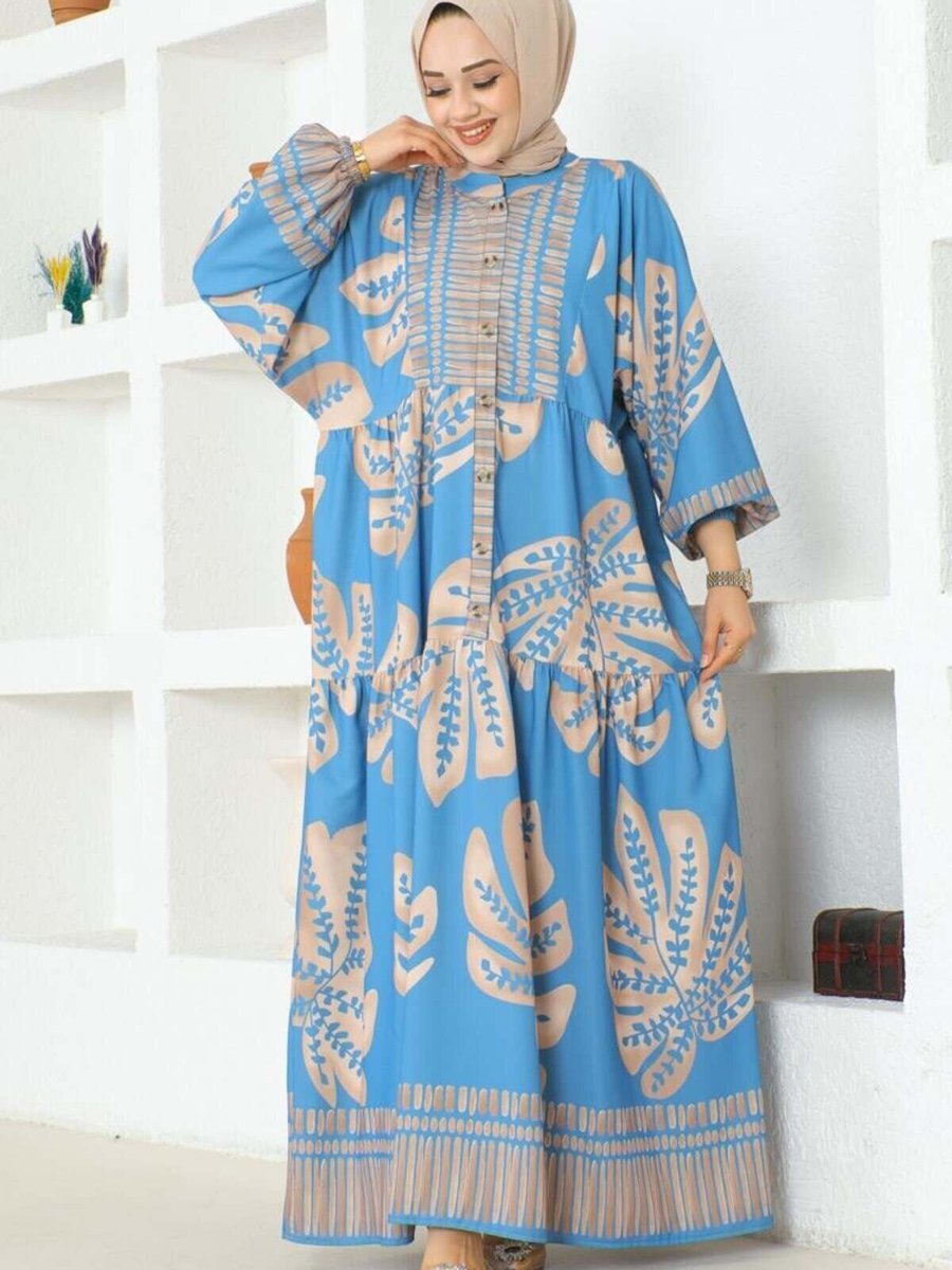 Mec Fashion Mavi Tropikal Desenli Elbise