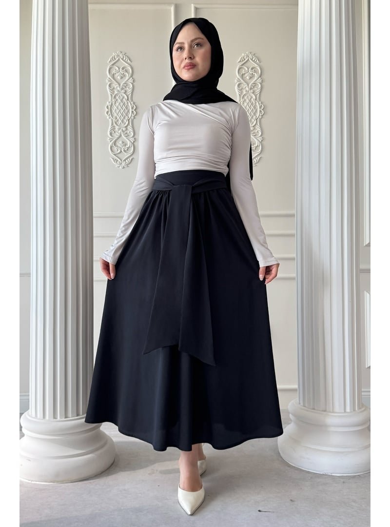 InStyle Pileli Kuşak Detay Siyah Etek