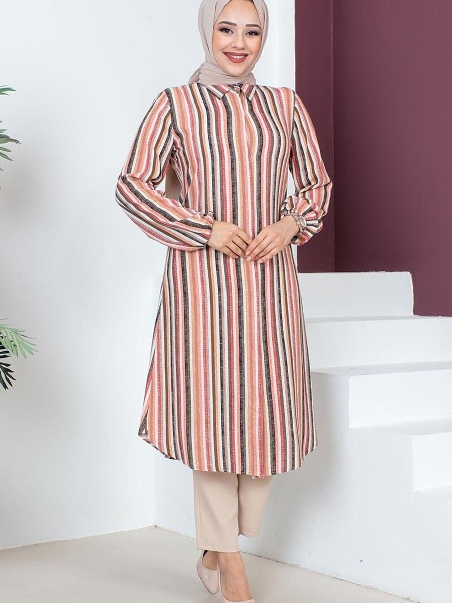 Mec Fashion Turuncu Çizgi Baskılı Tunik