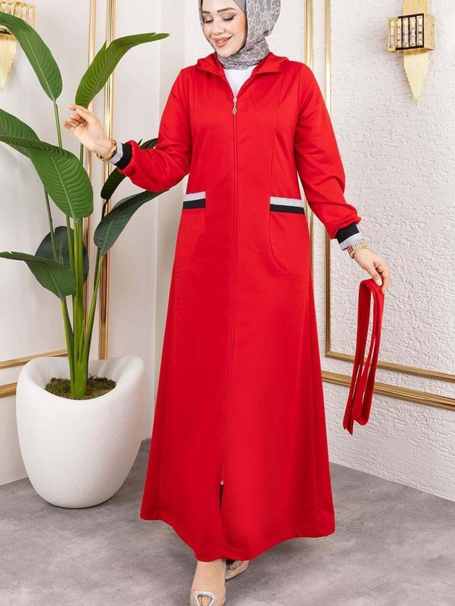 Mec Fashion Kırmızı Kapüşonlu Ribanalı Ferace