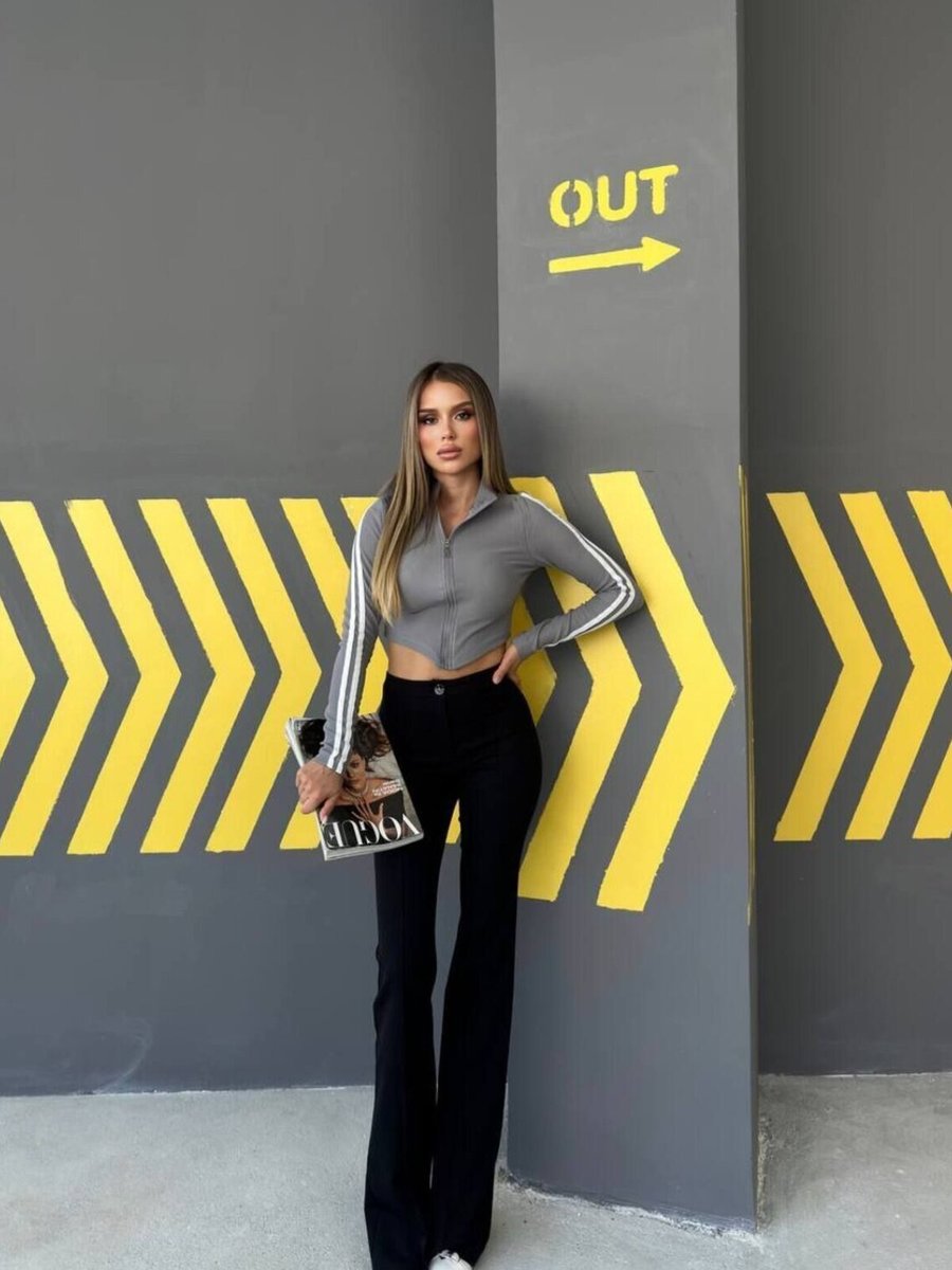 İLKCET MODA Gri Ottoman Kumaş Şerit Kol Fermuarlı Crop