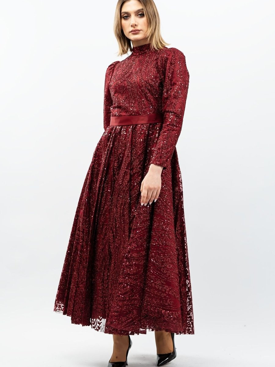 Mec Fashion Bordo Payetli Prenses Model Abiye Elbise