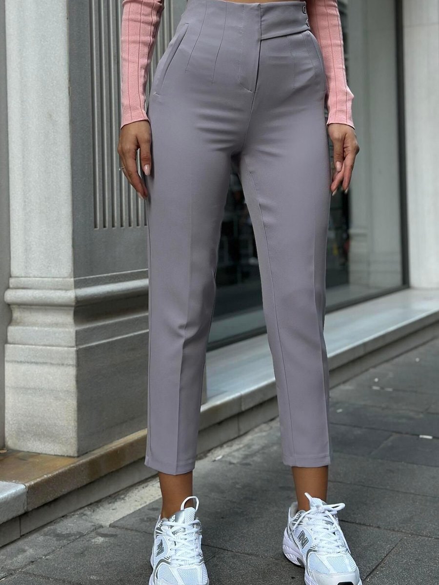 Moda cameo Gri Fletolu Yandan Kemerli Pantolon