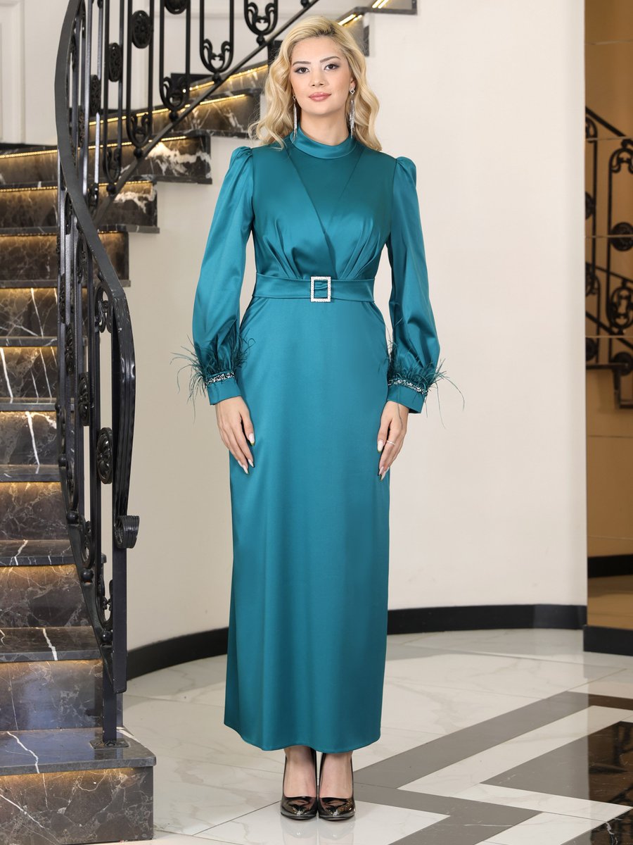 Elben Moda Yeşil Lara Saten Abiye Elbise