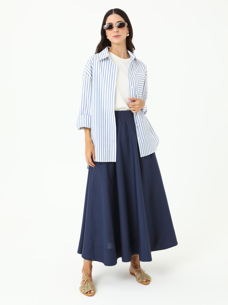 Benin Lacivert Beli Lastikli Pamuklu Basic Poplin Etek