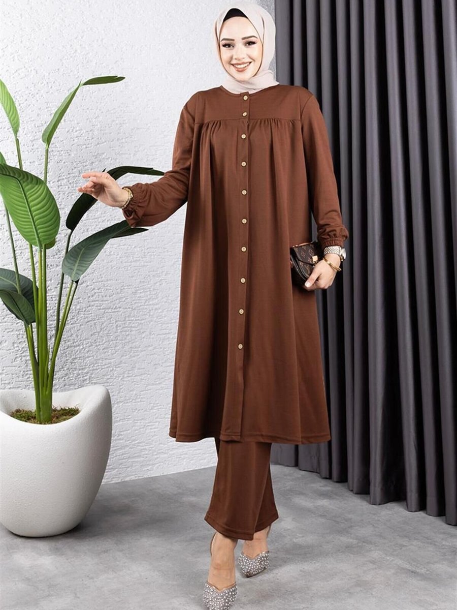 Mec Fashion Kahverengi Büzgülü İkili Takım