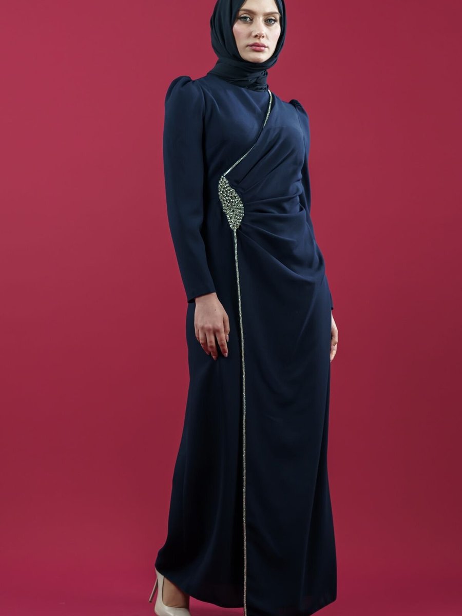 Mec Fashion Lacivert Yan Şerit Taş Detaylı Abiye Elbise