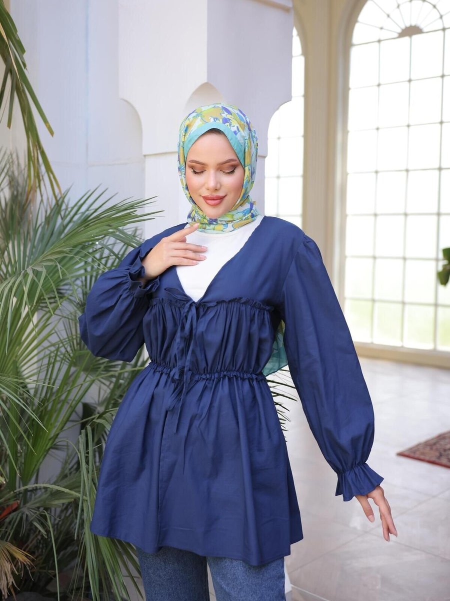 Nergis Neva Butik Lacivert Beli Büzgülü Lastikli Kimono Tunik