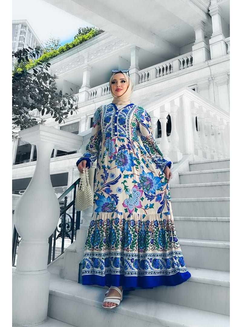Liz Butik Mavi Alaçatı Viskon Desenli Elbise