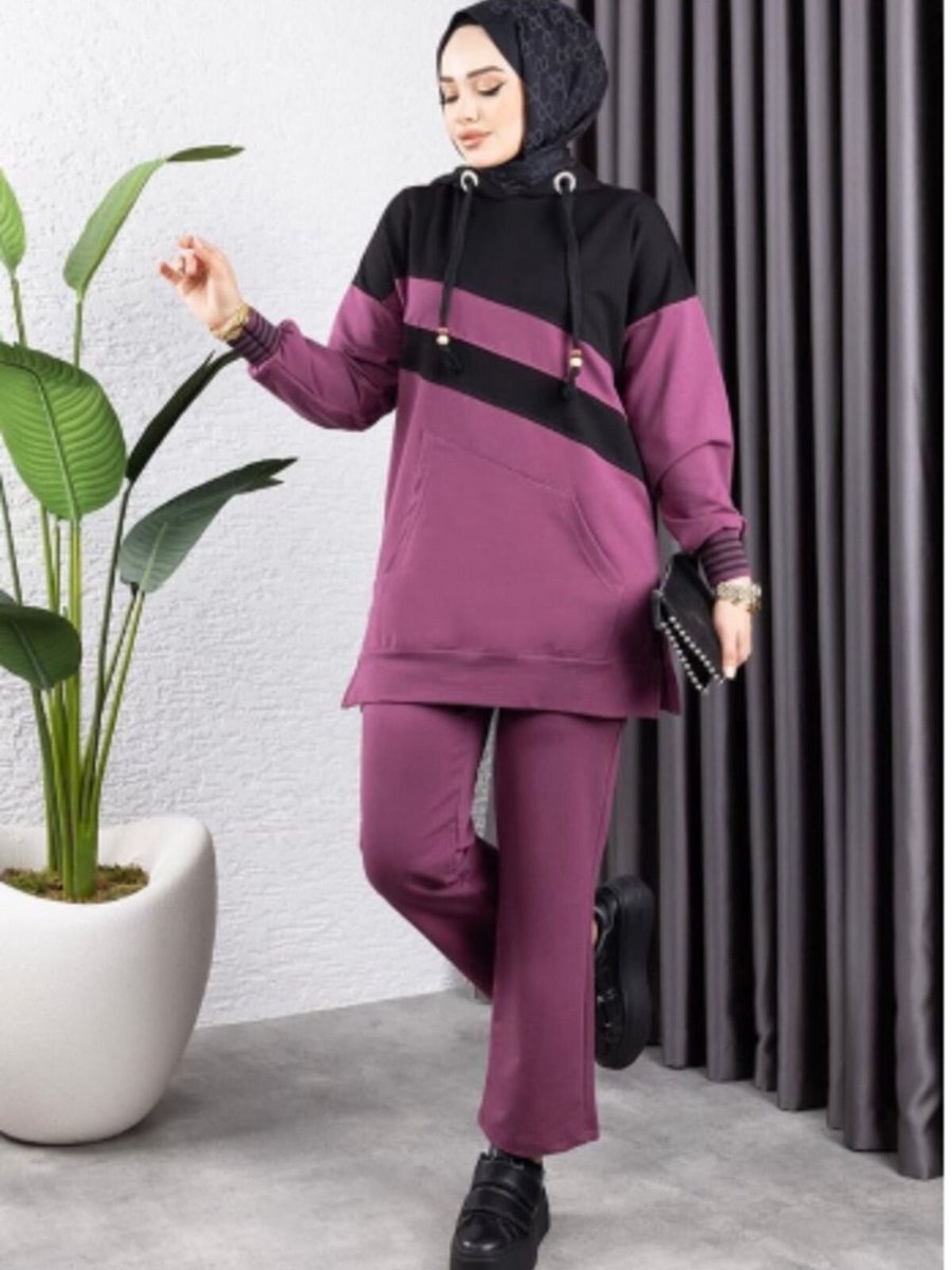 Mec Fashion Koyu Lila Çapraz Garnili Ribanalı Spor İkili Takım Siyah