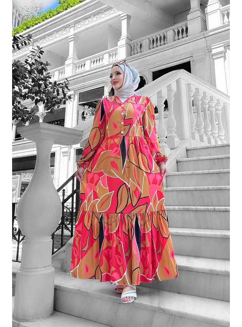 Liz Butik Fuşya Hawai Desenli Krep Elbise