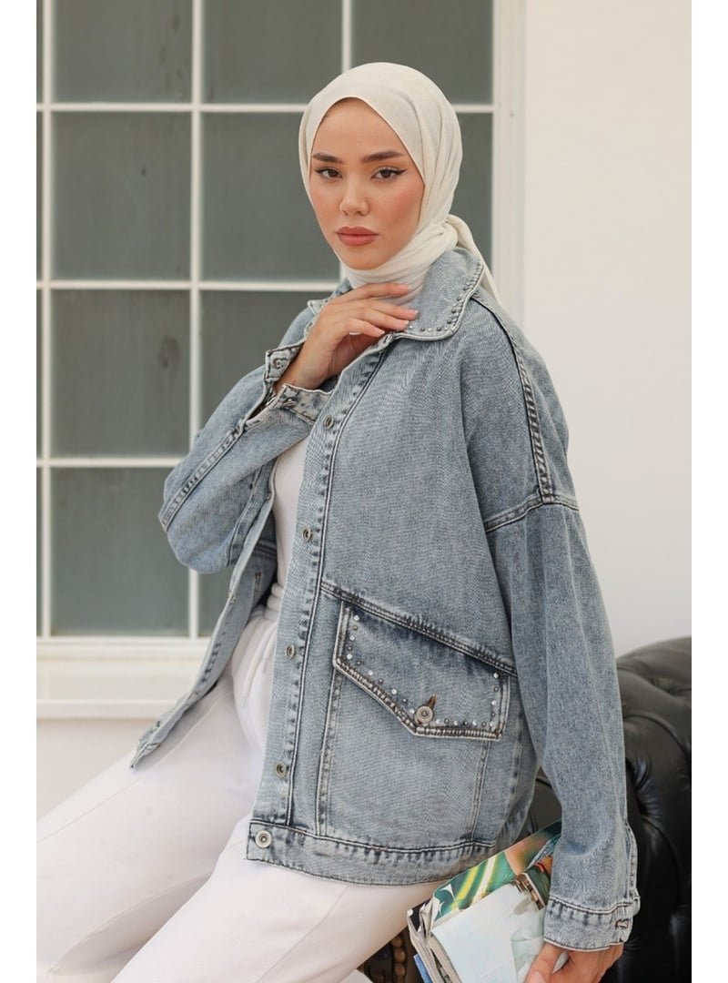 Tofisa Acık Mavı Taş Detaylı Oversize Denim Kot Ceket Acik Mavi