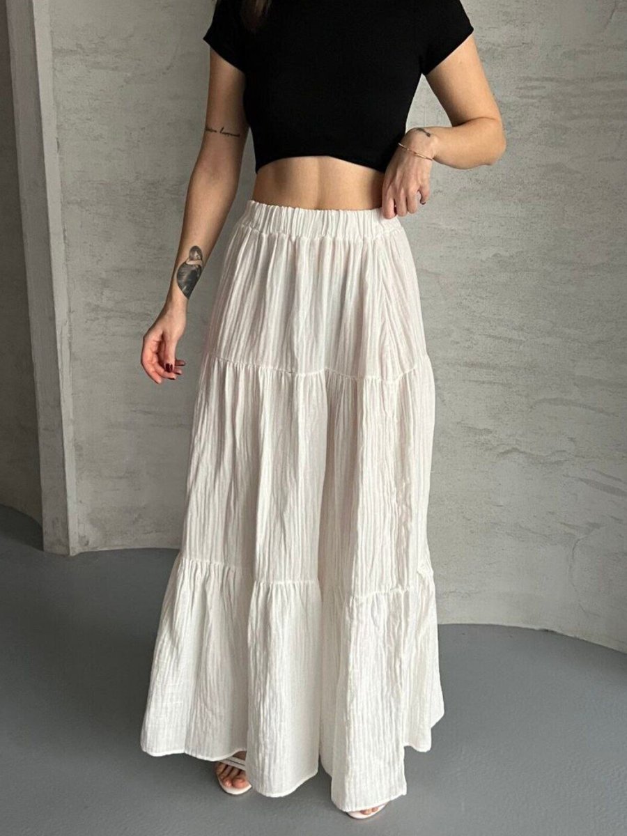 İLKCET MODA Beyaz Uzun Büzgülü Katlı Müslin Kumaş Etek