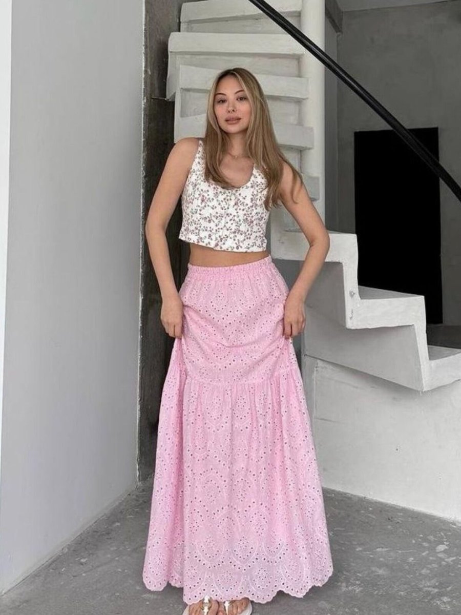 İLKCET MODA Pembe Uzun Brode Astarlı Etek