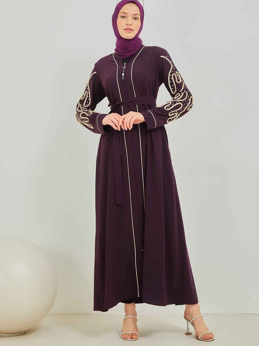 Mec Fashion Mor Özel Tasarım İnci Detaylı Abaya