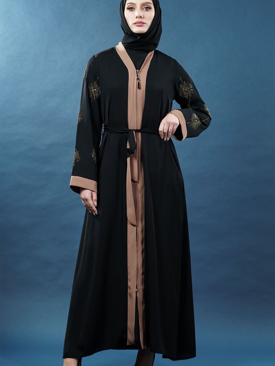 Mec Fashion Siyah Taş İşlemeli Fermuarlı Abaya