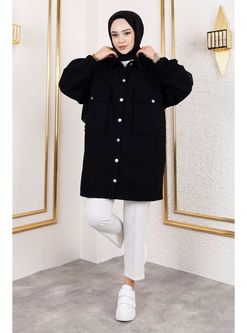 Tesettür Dünyası Siyah Körüklü Cepli Oversize Kot Ceket