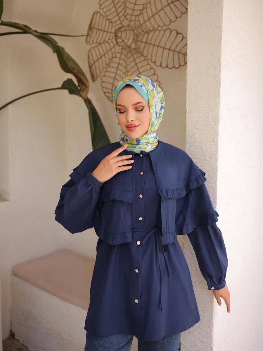Nergis Neva Butik Lacivert Çift Pelerinli Beli Bağlamalı Tunik