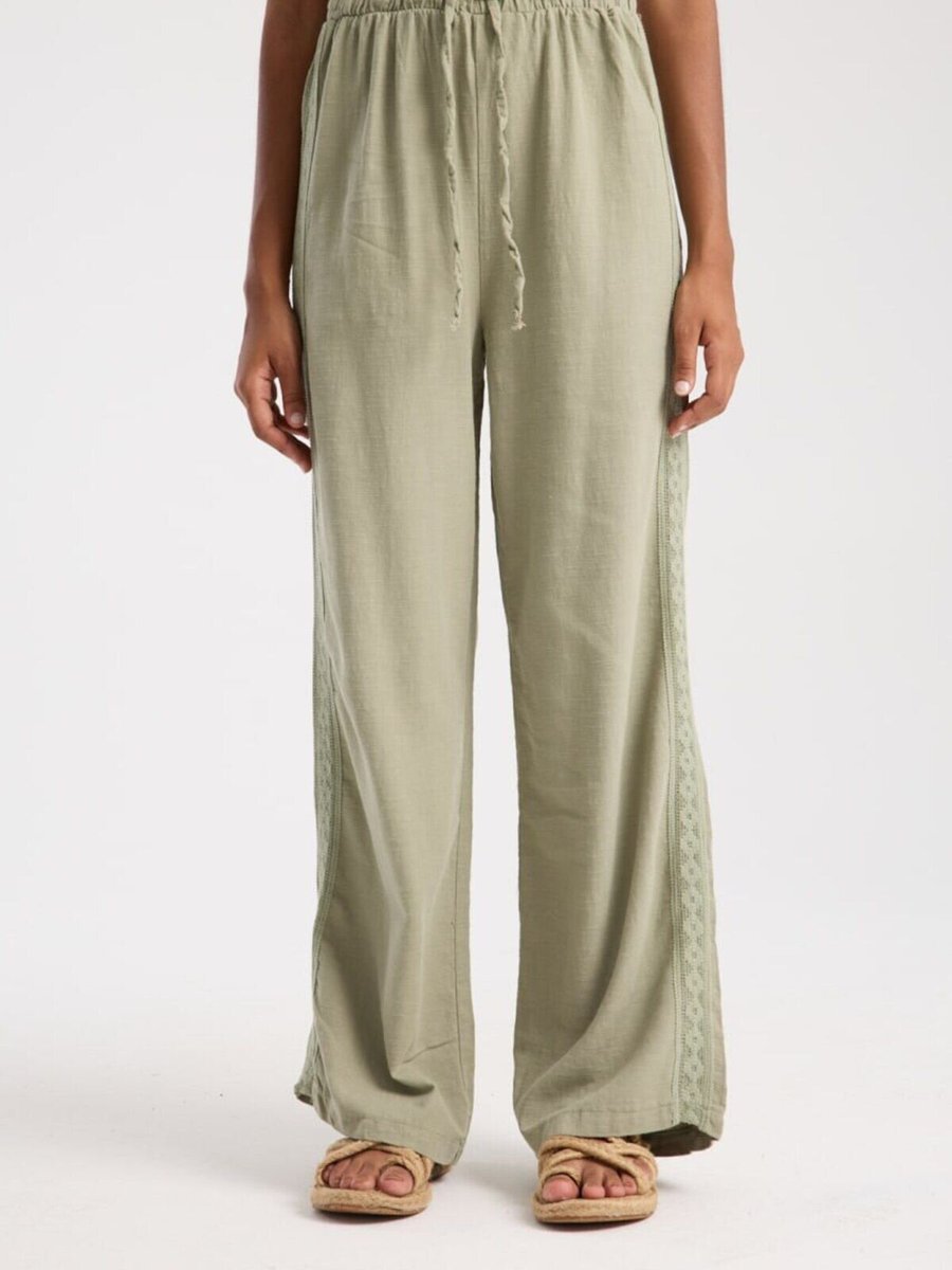 İLKCET MODA Haki Yan Etnik Desenli Oversize Keten Pantolon
