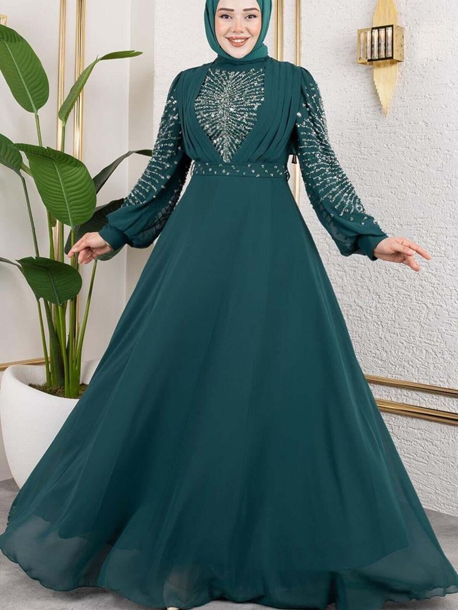 Mec Fashion Zümrüt Yeşili Taş İşlemeli Şifon Abiye Elbise