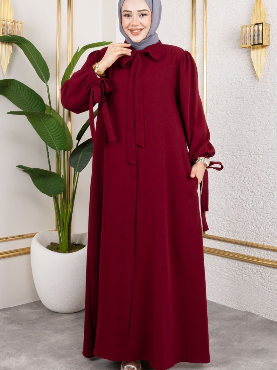 Mec Fashion Bordo Manşeti Bağcıklı Elbise Ferace