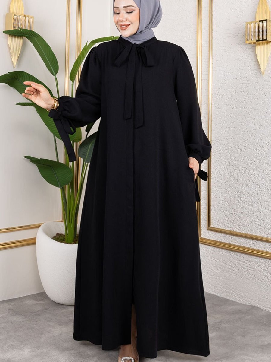 Mec Fashion Siyah Manşeti Bağcıklı Elbise Ferace