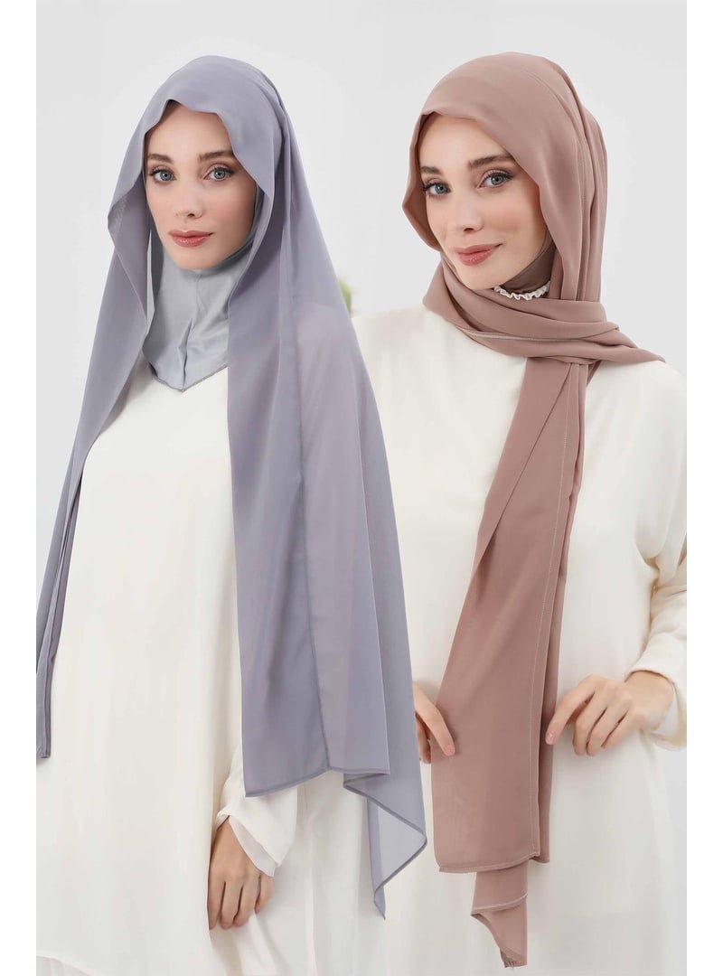 Aisha`s Design Koyu Vizon 2'li Set Penye İç Boneli Şifon Şal,ps 46set Gri