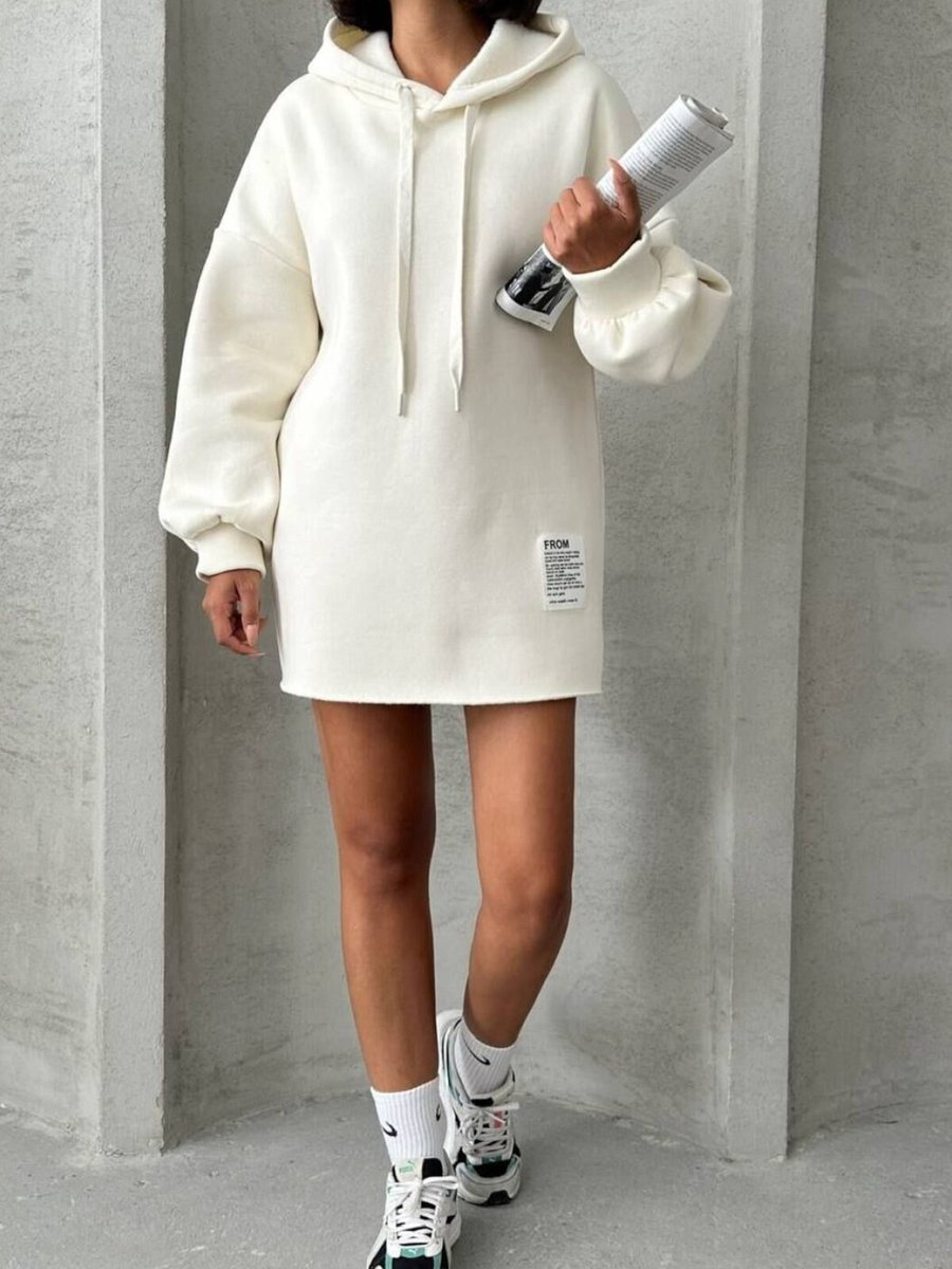 İLKCET MODA Beyaz Oversize Uzun Kapüşonlu Sweatshirt