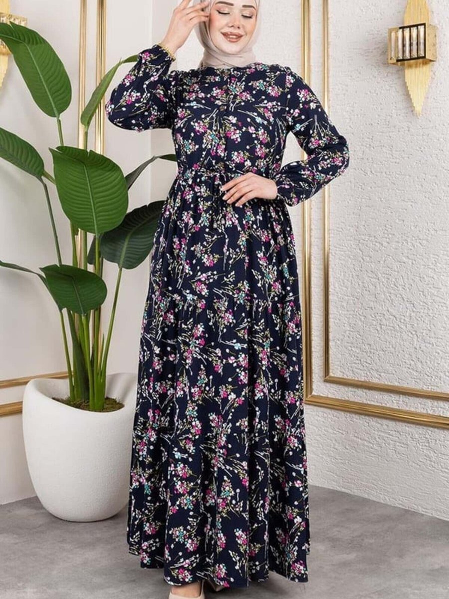 Mec Fashion Lacivert Asel Çiçekli Viskon Elbise