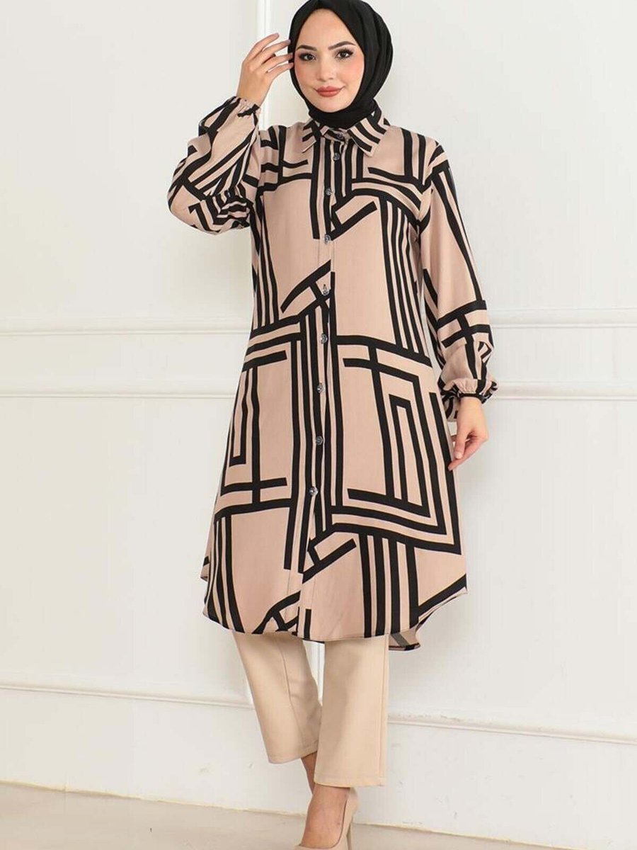 Mec Fashion Vizon Siyah Geometrik Desen Viskon Tunik