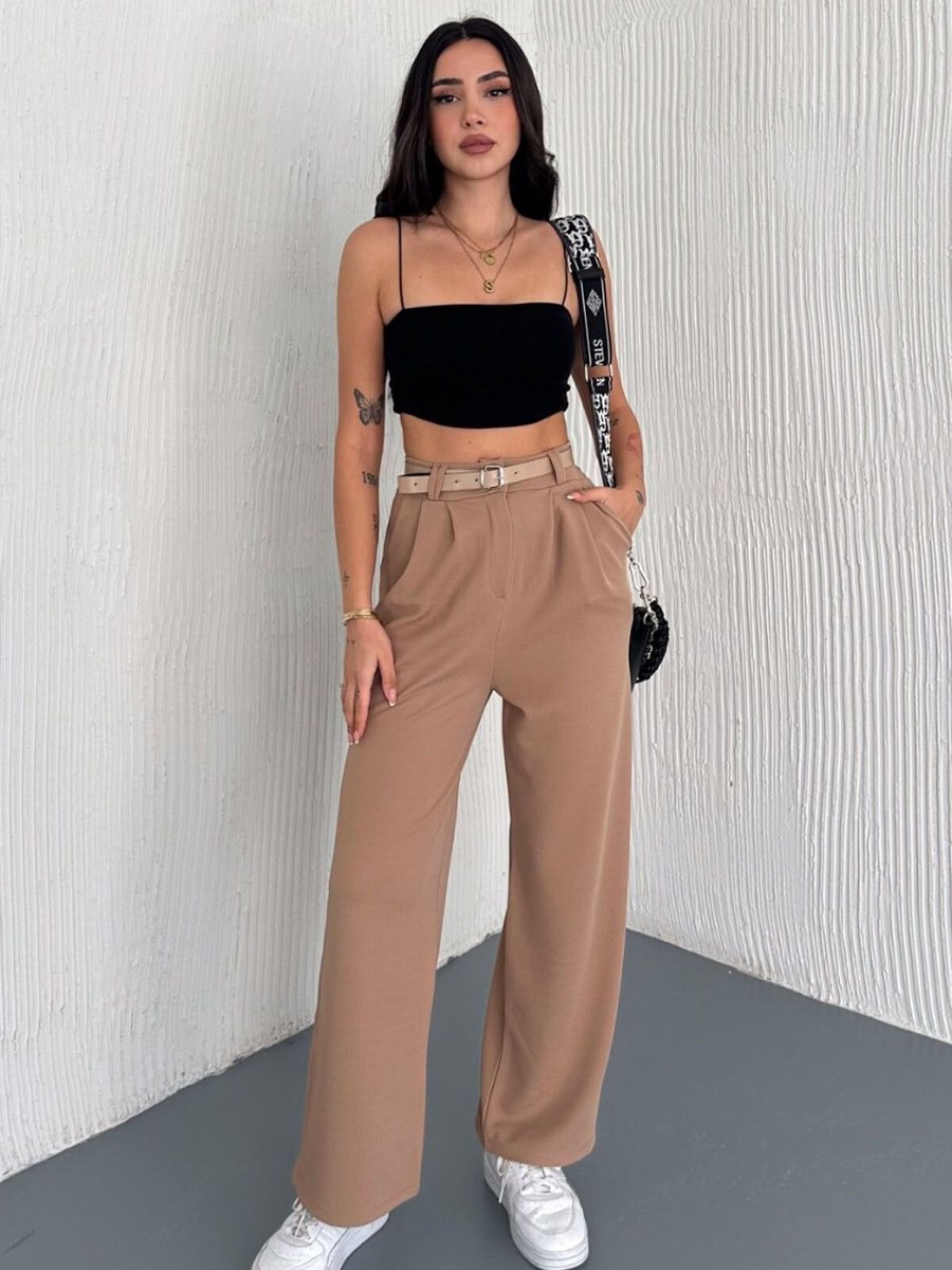 Swana Camel Kemerli Palazzo Pantolon