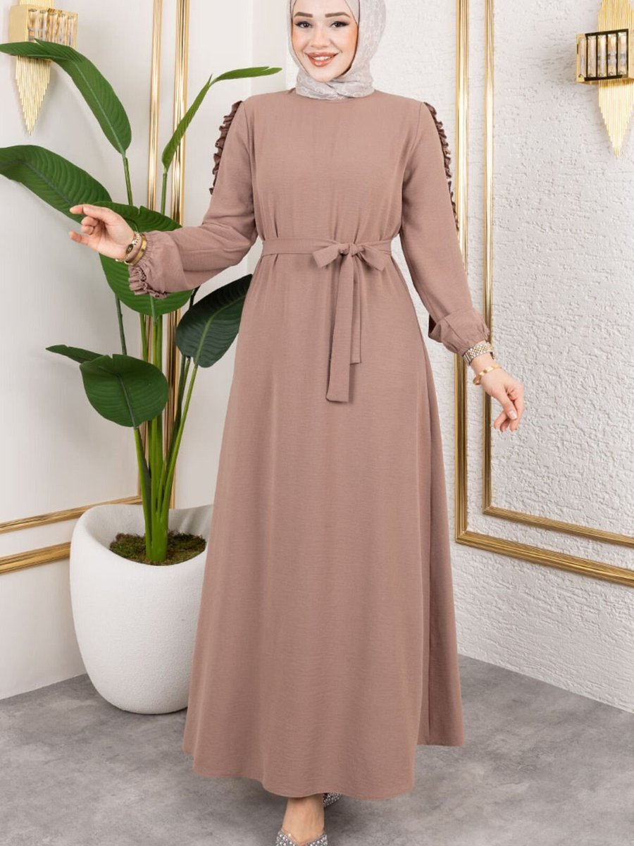 Mec Fashion Bej Kolları Fırfır Detaylı Elbise