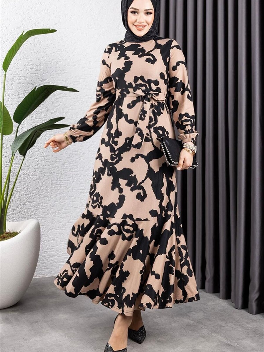 Mec Fashion Vizon Eteği Volanlı Desenli Elbise