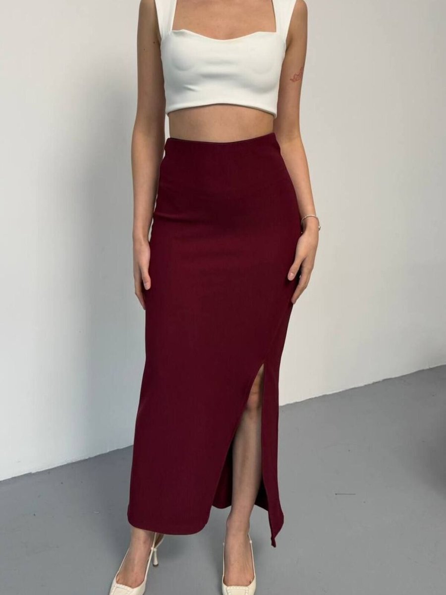 İLKCET MODA Bordo Uzun Ottoman Kumaş Yırtmaçlı Etek
