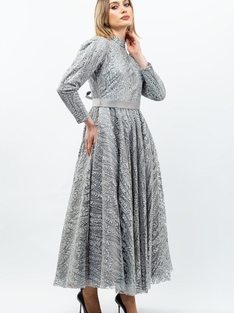 Mec Fashion Gri Payetli Prenses Model Abiye Elbise