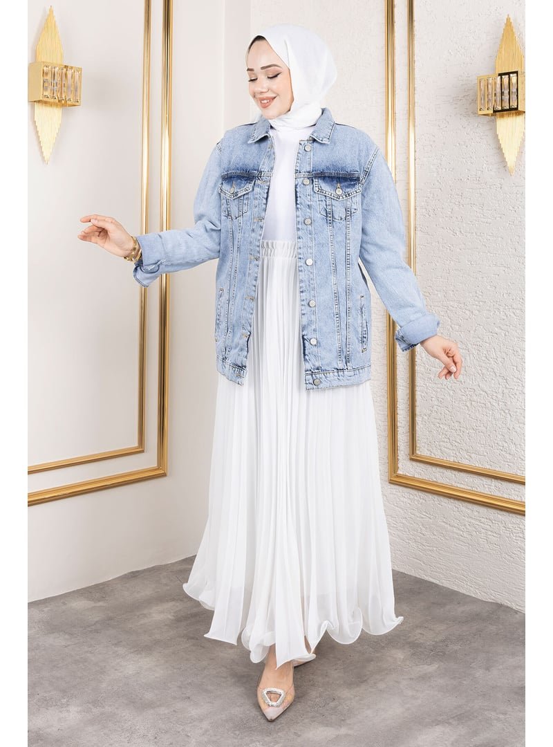 Tesettür Dünyası Açık Mavi Cepli Denim Ceket