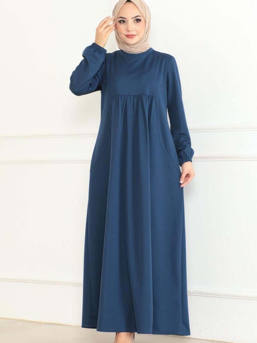 Mec Fashion İndigo Önden Büzgülü Rahat Elbise