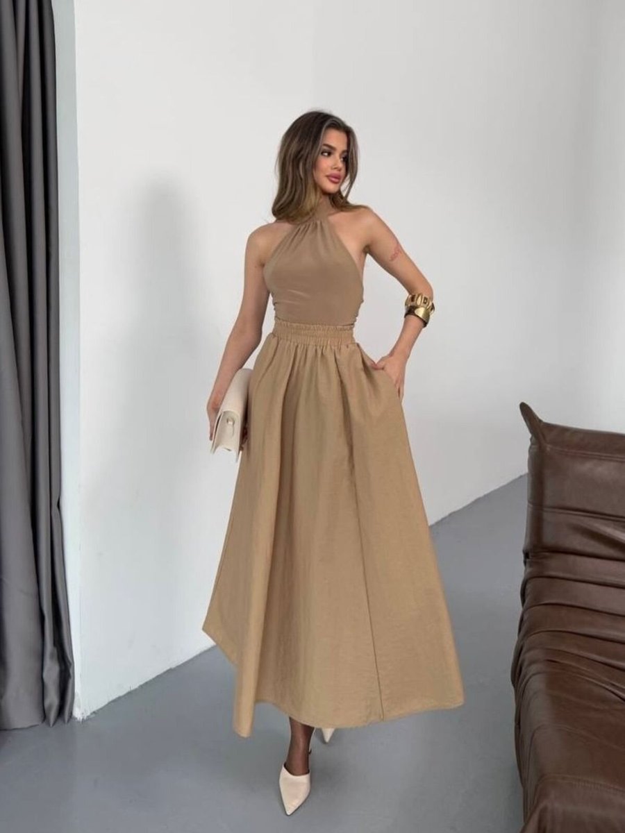 İLKCET MODA Vizon Uzun Paraşüt Kumaş Bol Kesim Etek