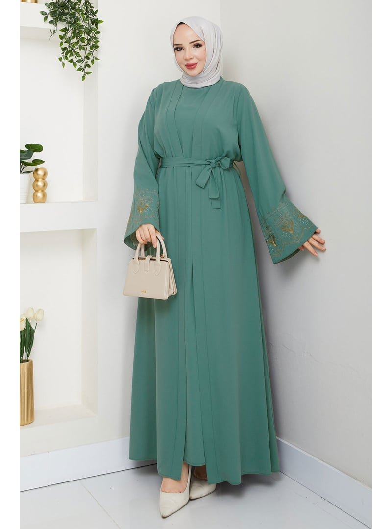 Tesettür Dünyası Mint Yeşili Nakışlı İç Elbiseli Abaya Takım