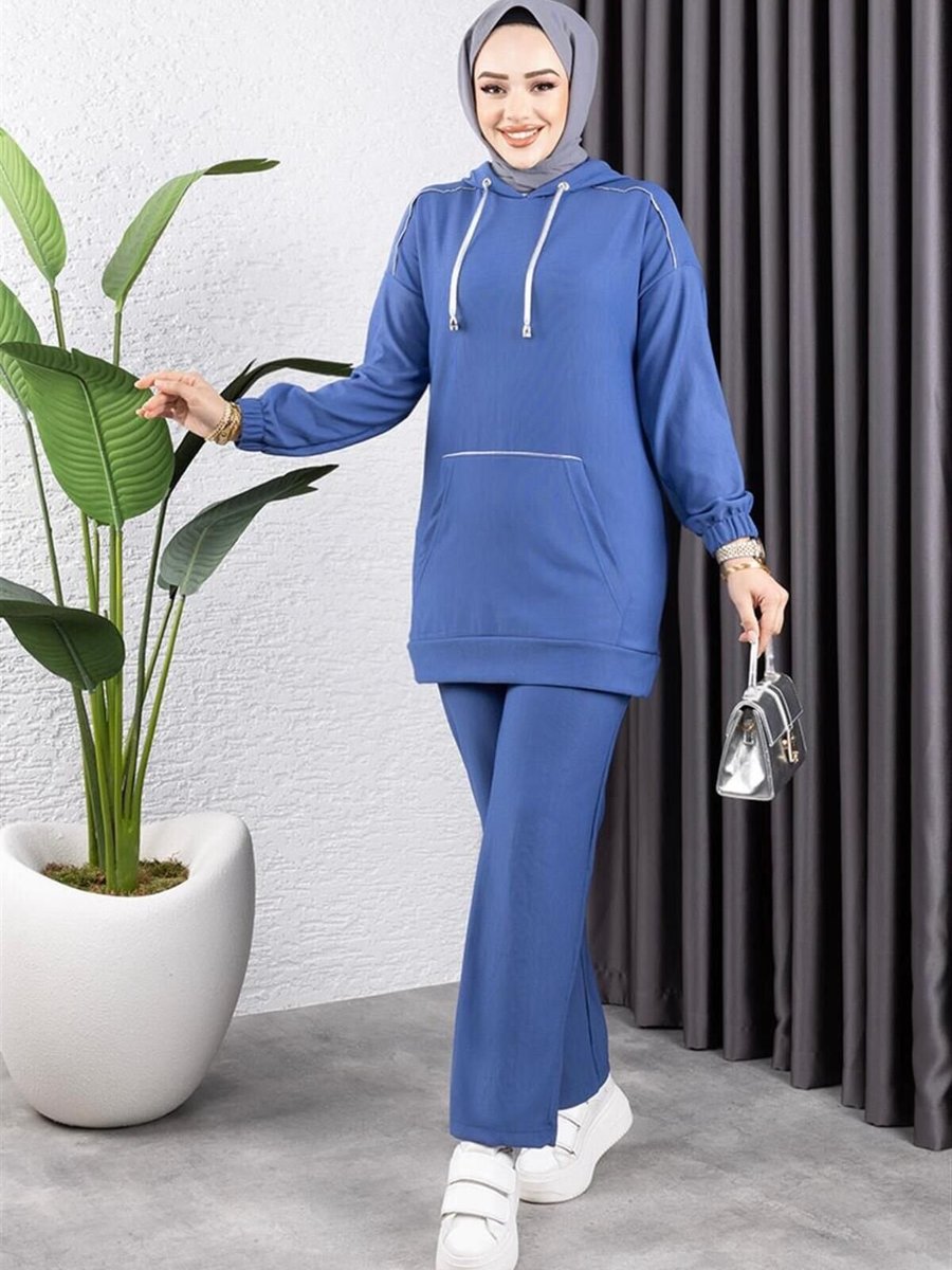 Mec Fashion İndigo Biyeli Kapüşonlu Spor İkili Takım
