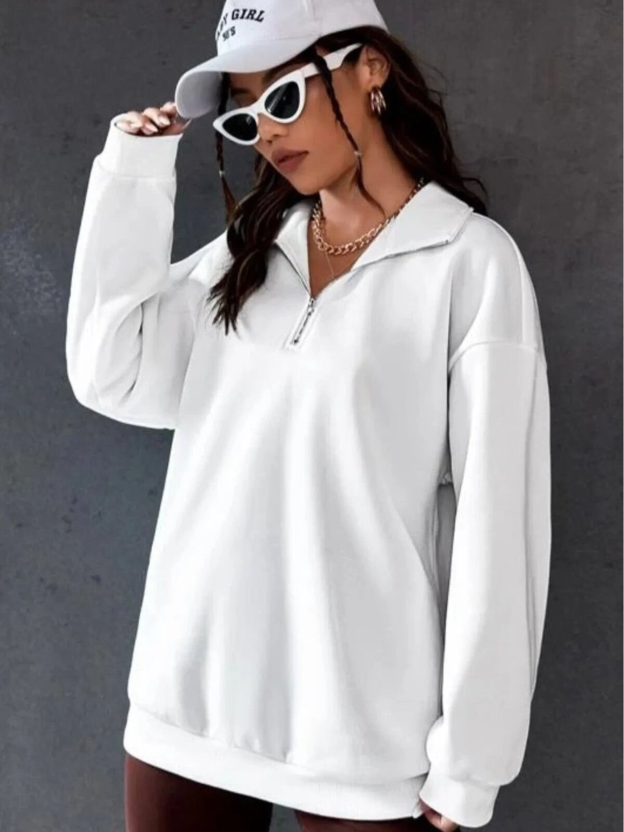 Swana Beyaz Dik Yaka Fermuarlı İplik Şardonlu Sweatshirt