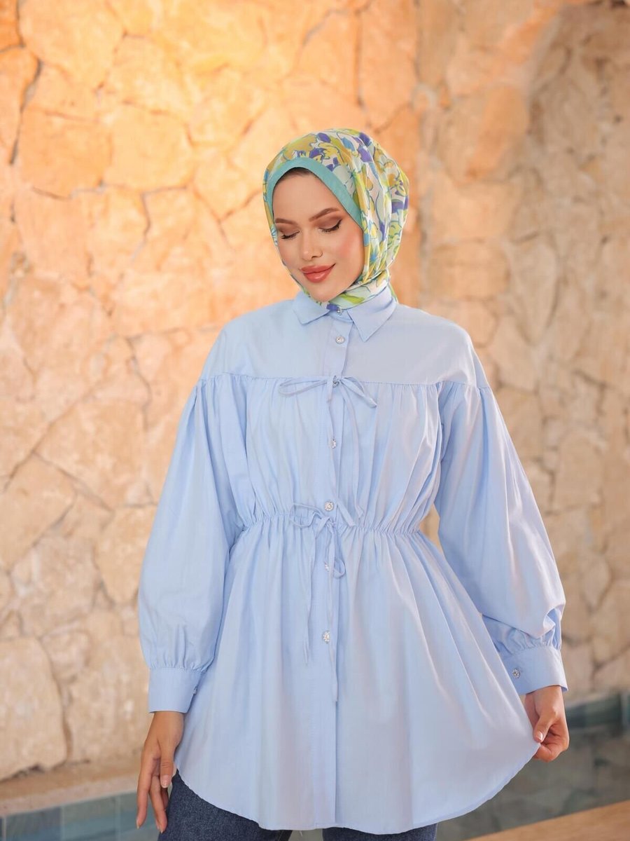 Nergis Neva Butik Mavi Beli Büzgülü Bağlamalı Tunik